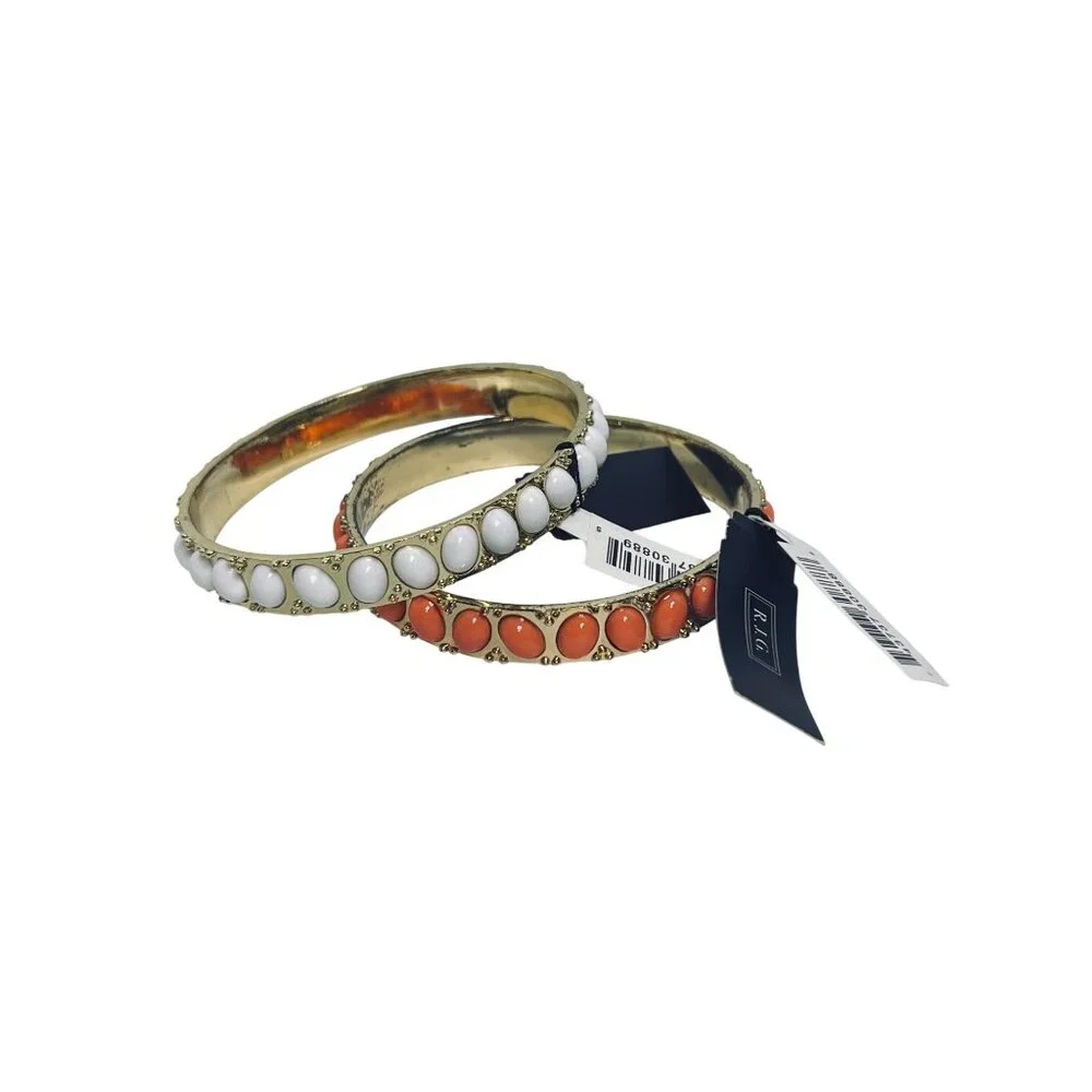 Pair Of Graziano Gold Tone Bangle Bracelets - Coral And White (6211) - Picture 2 of 6